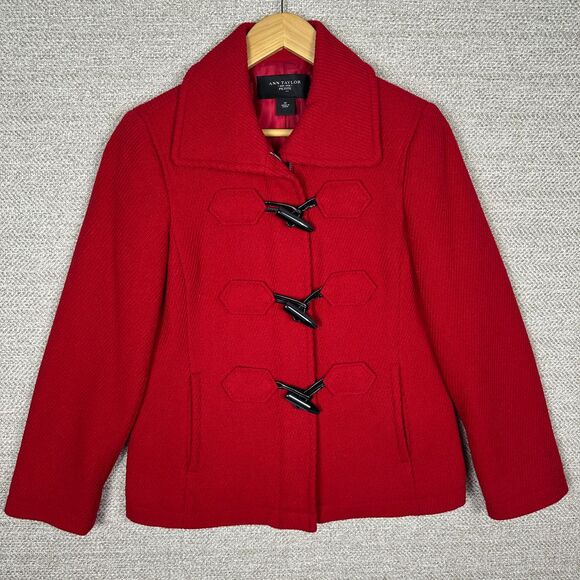 Ann Taylor Sz PS Red Wool Blend Toggle Coat‎ Jacket Classic Winter Tweed Fairy - Picture 1 of 15